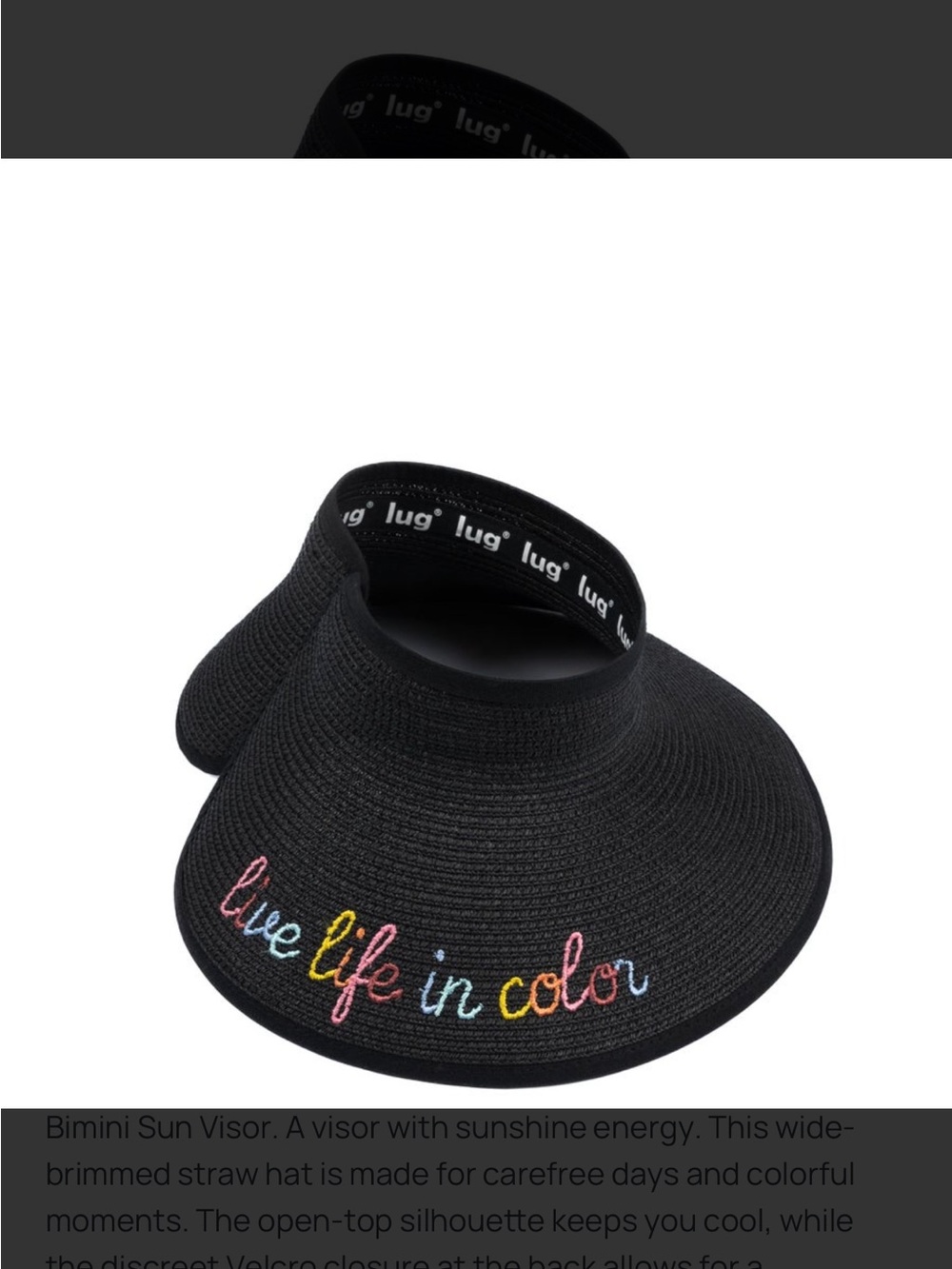 lug Bimini Wide-Brim Sun Visor in Black with Multicolor Embroidery NWT